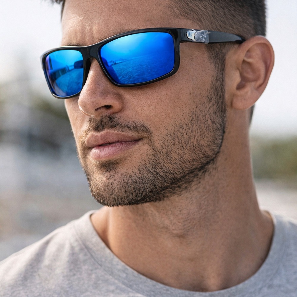 OLIEYE Polarized Sunglasses Blue Mirror Lens Black Frame UV Protection
